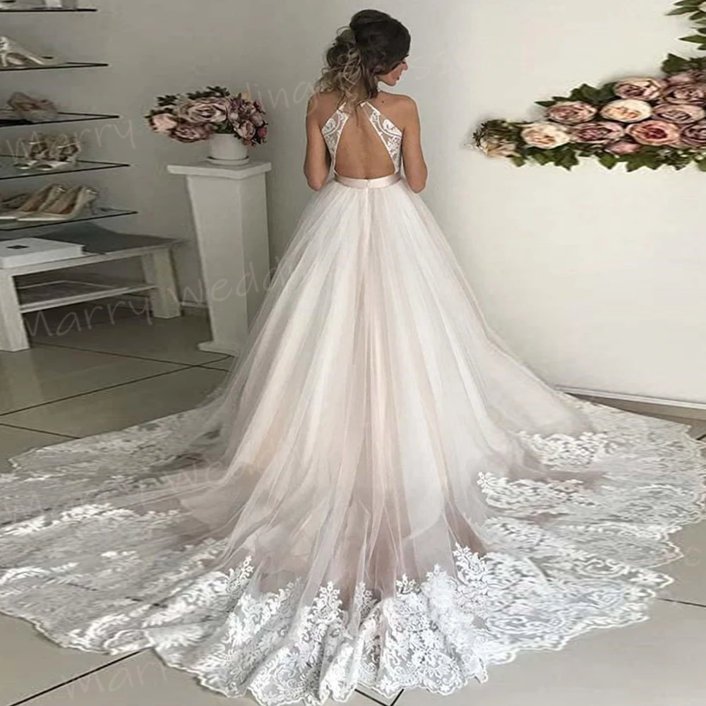 Elegant A Line Women's Wedding Dresses Classic Lace Appliques Bride Gowns New Modern Halter Neck Backless Vestidos Novias Boda