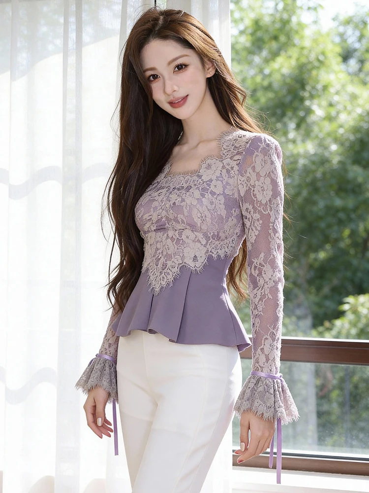 

Women Sweet Purple Lace Sheer Floral Ruffle Short Blouse Bow Long Sleeve Shirt Sexy Square Neck Slim Tops Fashion Ladies Clothes