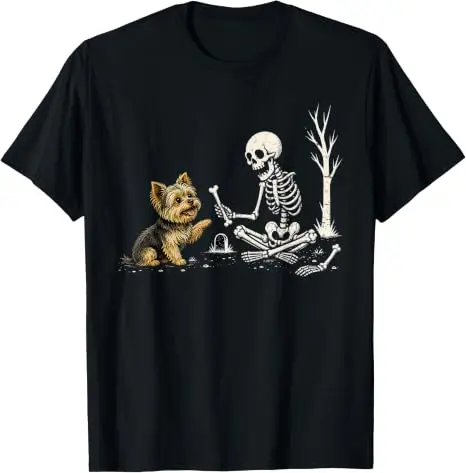 Lustiges Yorkie-Skelett und Halloween-Kostüm-Totenkopf-T-Shirt Y2K Niedlicher Welpe Hund Papa Mama Grafik-Bekleidung Halloween Haustierliebhaber-T-Shirts – Detail 11