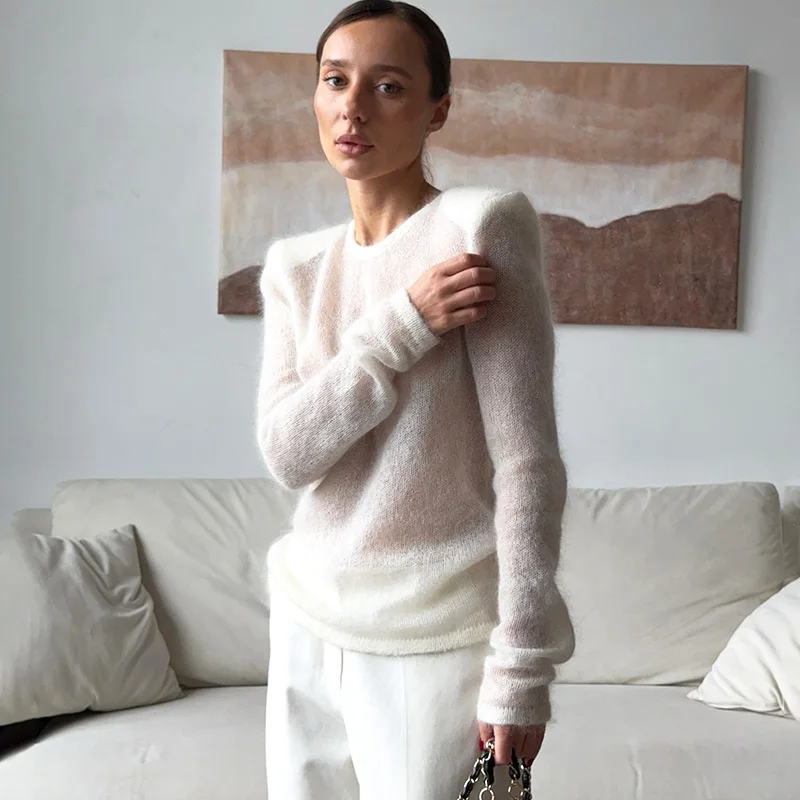 

Модный прозрачный пуловер Ticketsx: однотонный, весенний, в стиле пэчворк, повседневный вязаный свитер, винтажный женский пуловер для города и улицы