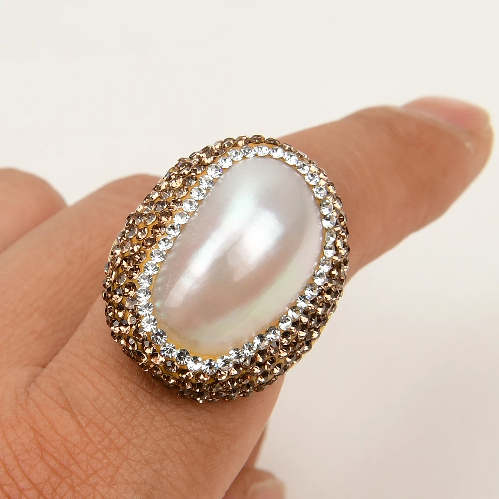 G-G Natural White Sea Shell Mother Of Pearl Trimmed With Golden Crystal Ring Adjustable