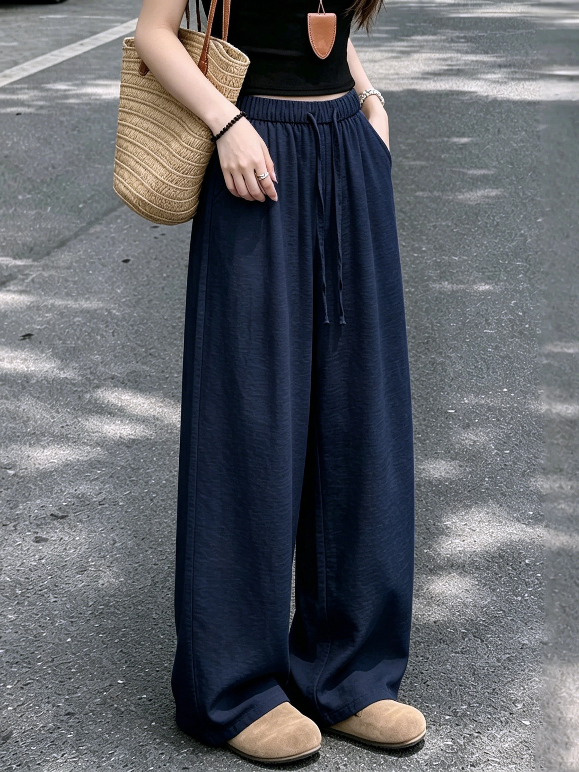 

Loose Straight Leg Cotton Linen Pants Women Summer Lazy Style Slimming Drapey Floor-Length Wide Leg Ice Silk Casual Trousers