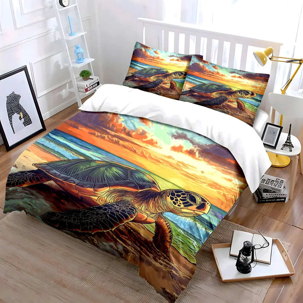 Turtle strolling on sunset beach Print Soft Comfortable Duvet Cover Bedding Set Included 1*Duvet Cover 2*Pillowcases