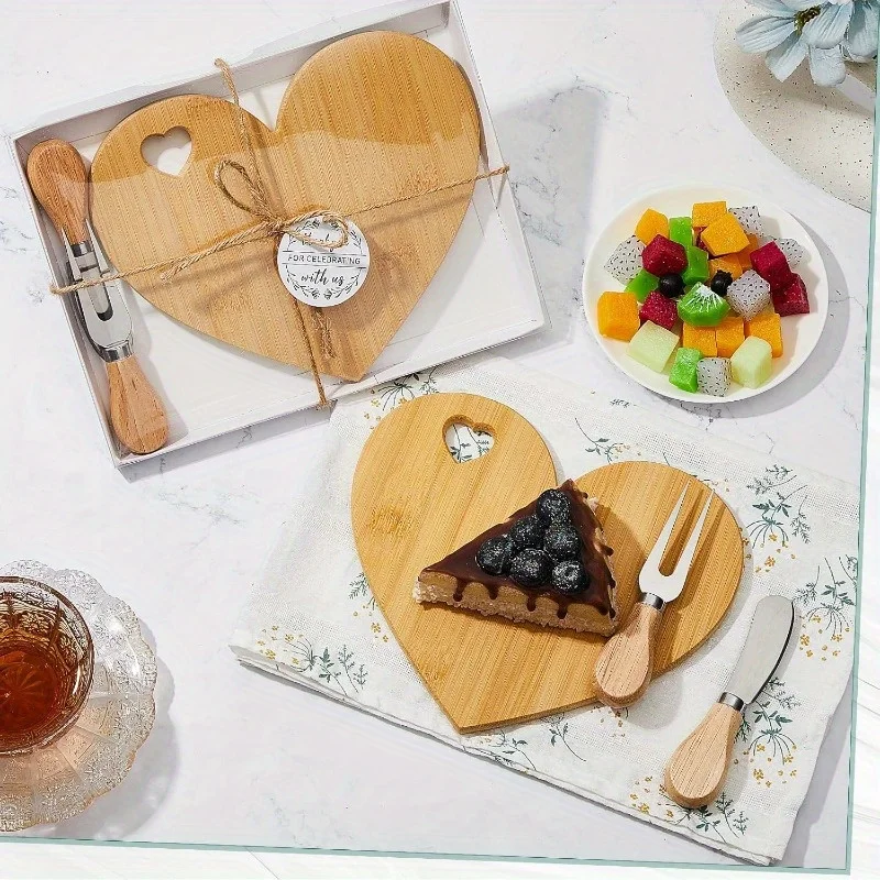 1 Set Favor Heart Cheese Board - Mini Charcuterie Board with Wooden Cheese Knives, Perfect for Bridal Showers, Weddings