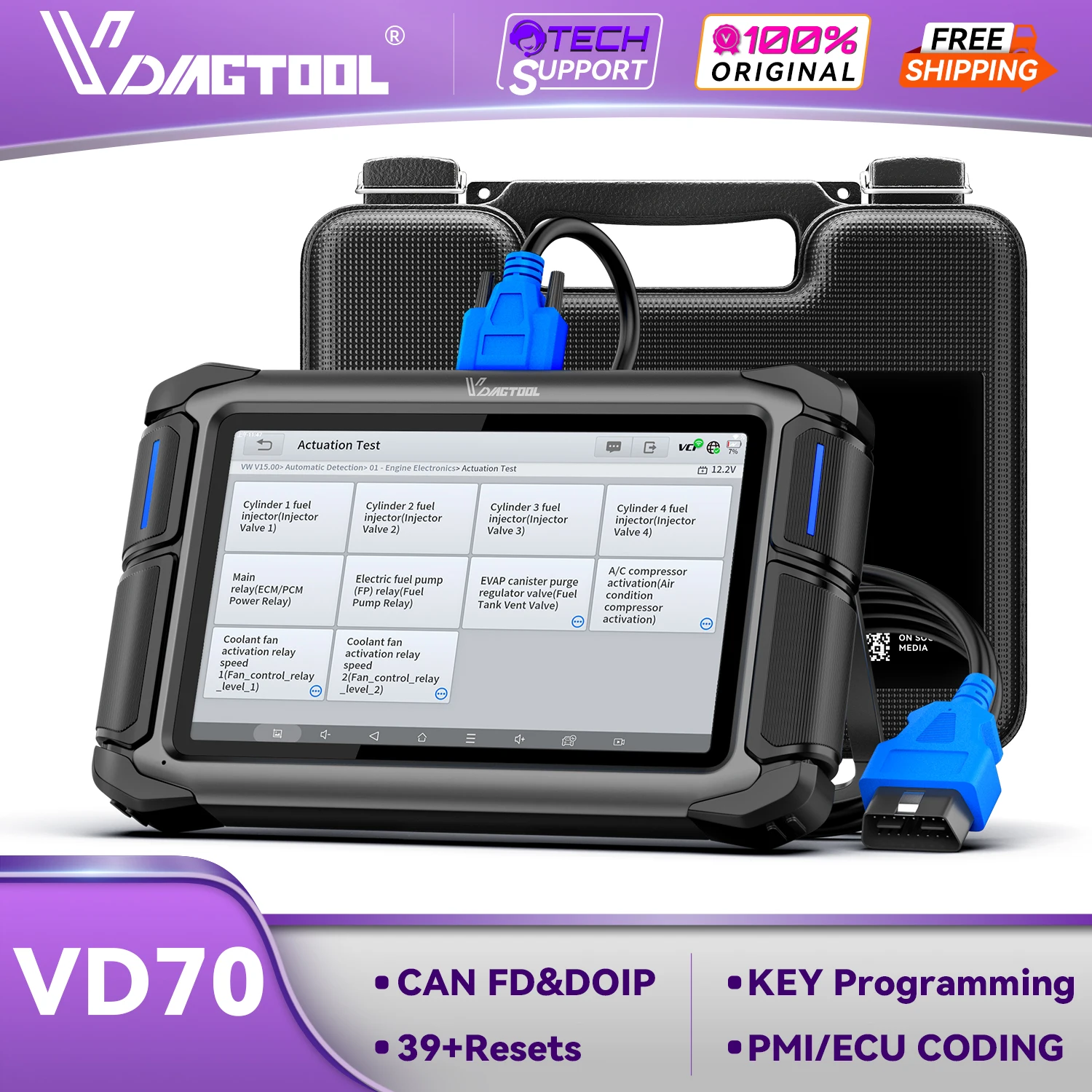 VDIAGTOOL VD70 Scanner OBD2 Ferramenta de Diagnóstico Automotivo com Codificação de ECU e 39+ Funções de Redefinição, Programador de Chaves DOIP FCA