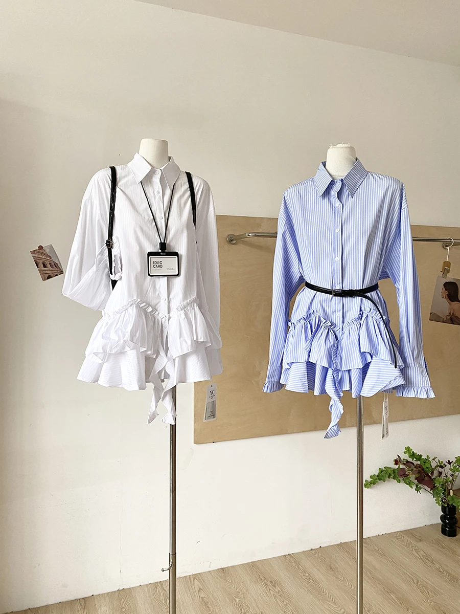 

Spring Commute Style Women's Striped Shirt Loose Waist Gathered Hem Chic Unique Shirt Dress Korean Version Long Sleeve