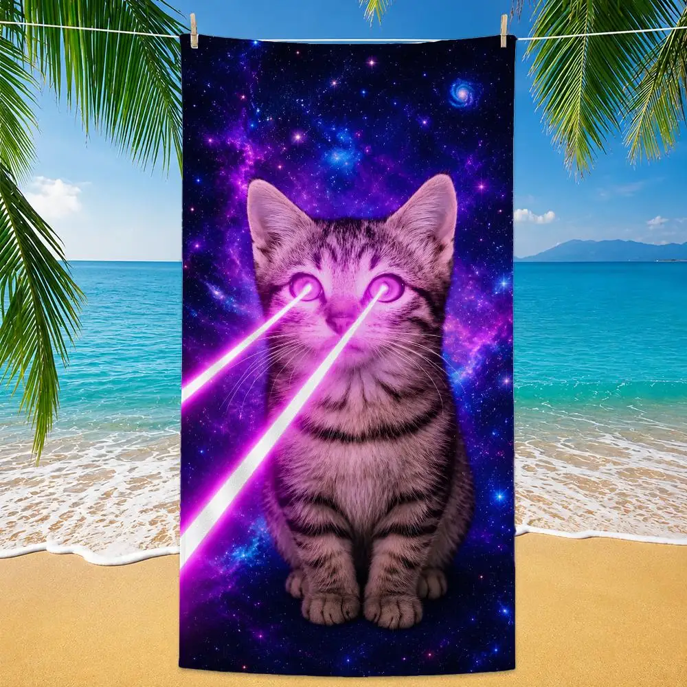 Art Laser Eyes Funny Cat Towel Polyester Beach Towel Quick Dry Sand Free Bath Towel for Summer Pool Travel Vacation