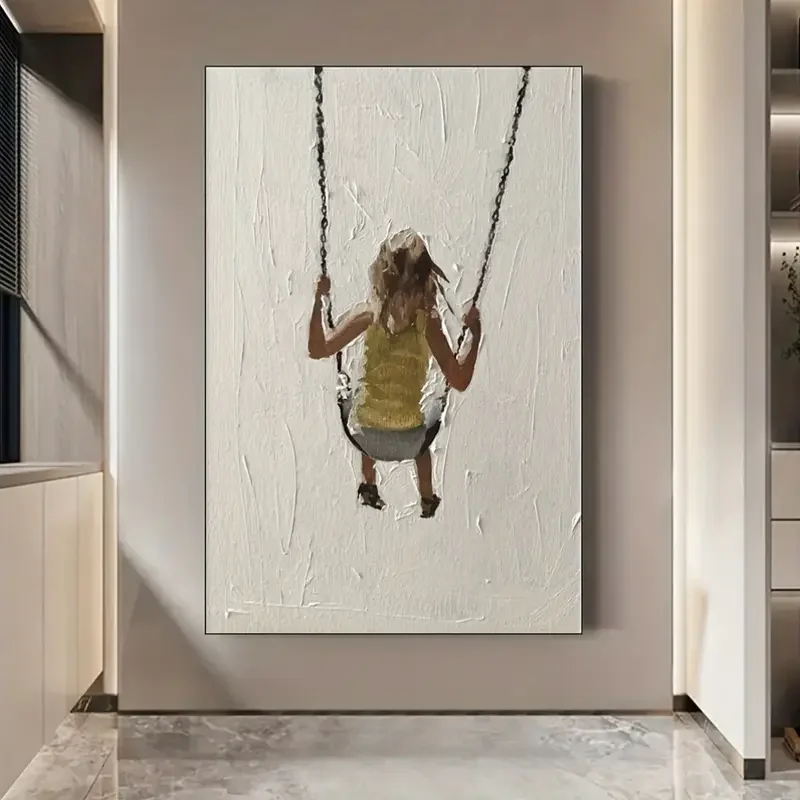 Peinture à l'huile texturée peinte à la main sur toile, Marca Mhemyo, jeune fille charmante sur balançoire, art mural sur le thème