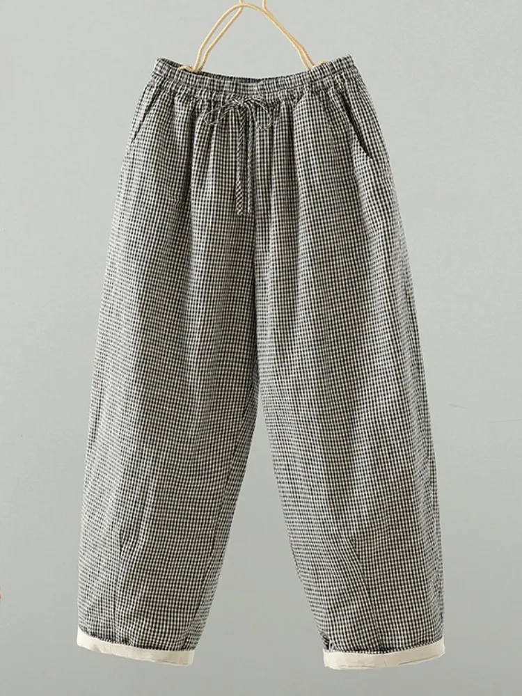 

Ретро-куртка из хлопка и льна в клетку, женские зимние брюки с эластичной талией, больших размеров, утепленные, широкие, длинные, верхняя одежда, брюки.