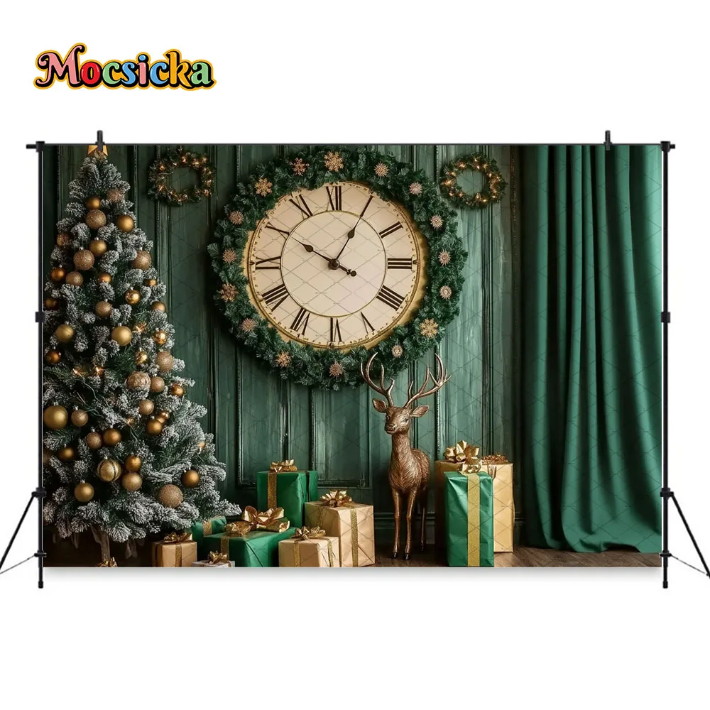 Mocsicka عيد الميلاد ساعة جدار خلفية التصوير الفوتوغرافي شجرة عيد الميلاد الذهبي الأيائل هدية صندوق خلفية الشتاء السنة الجديدة الأسرة استوديو الصور