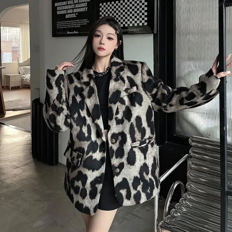 UNXX 2023 New Leopard Print Wool Suit Jacket, Autumn Winter, Retro, Thick, Loose, High-End, Long Sleeve, Casual, Fashionable Top