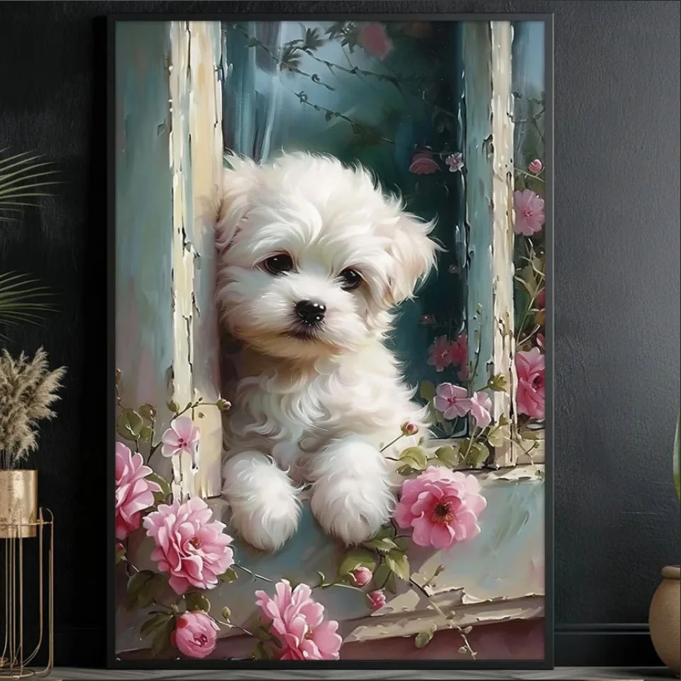 

Cute Dog On The Window DiamondPainting, Dog Diamond Art, Dog Cross Stitch Embroidery, Flowers Mosaic, Dog Lover's Gift