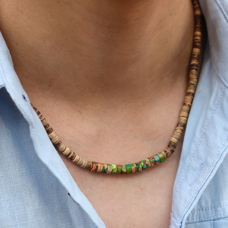 Collier de perles en bois naturel pour hommes, élégant, pierre impériale colorée, 18 pouces, couleur courte, bijoux de vacances, col de petit ami, Joias