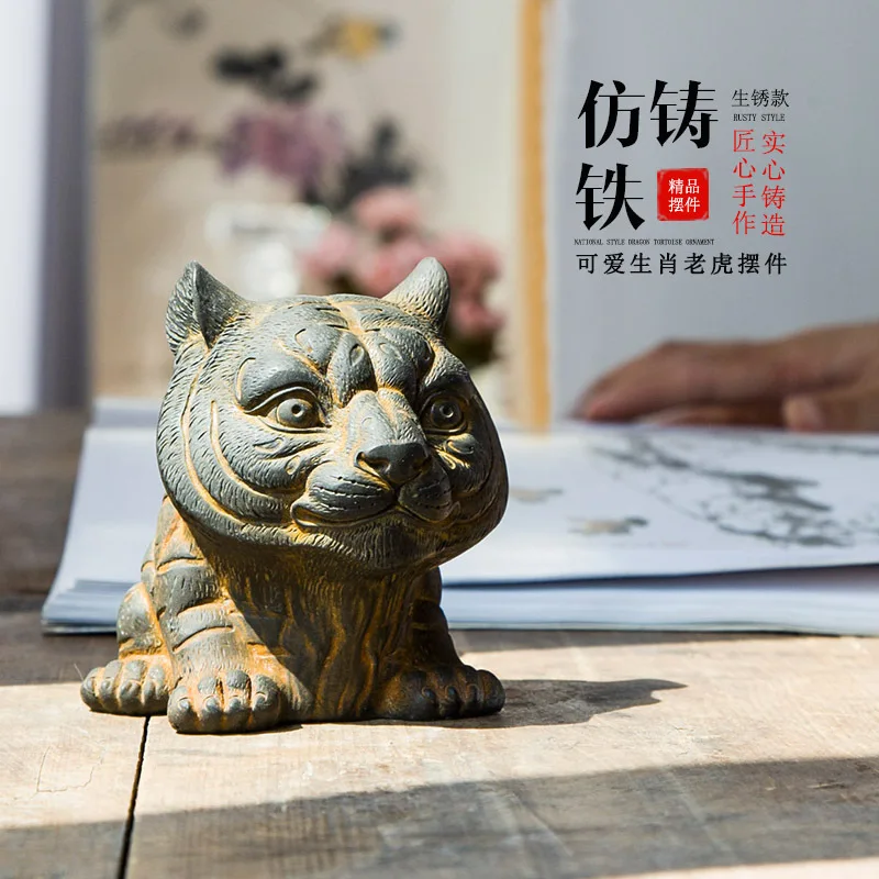 

Cute Zodiac Tiger Small Ornament Office Home Desktop Handmade Sculpture Craft Cast Iron Home Decor