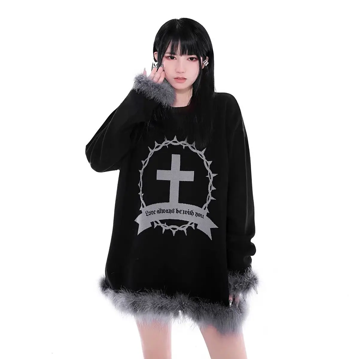 Y2k American Vintage Long Sleeve Sweater Subculture Print Faux Fur Patchwork Pullover Women Casual Streetwear Spring Autumn