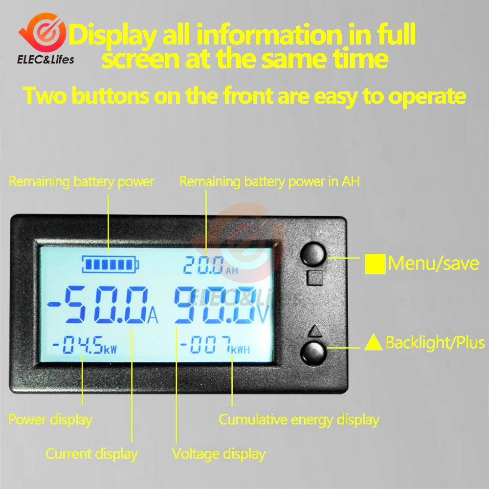 100A 200A 400A STN LCD Hall Coulomb Counter Meter Voltmeter Ammeter Wattmeter Auto Battery Monitor AMP Power Capacity Indicators