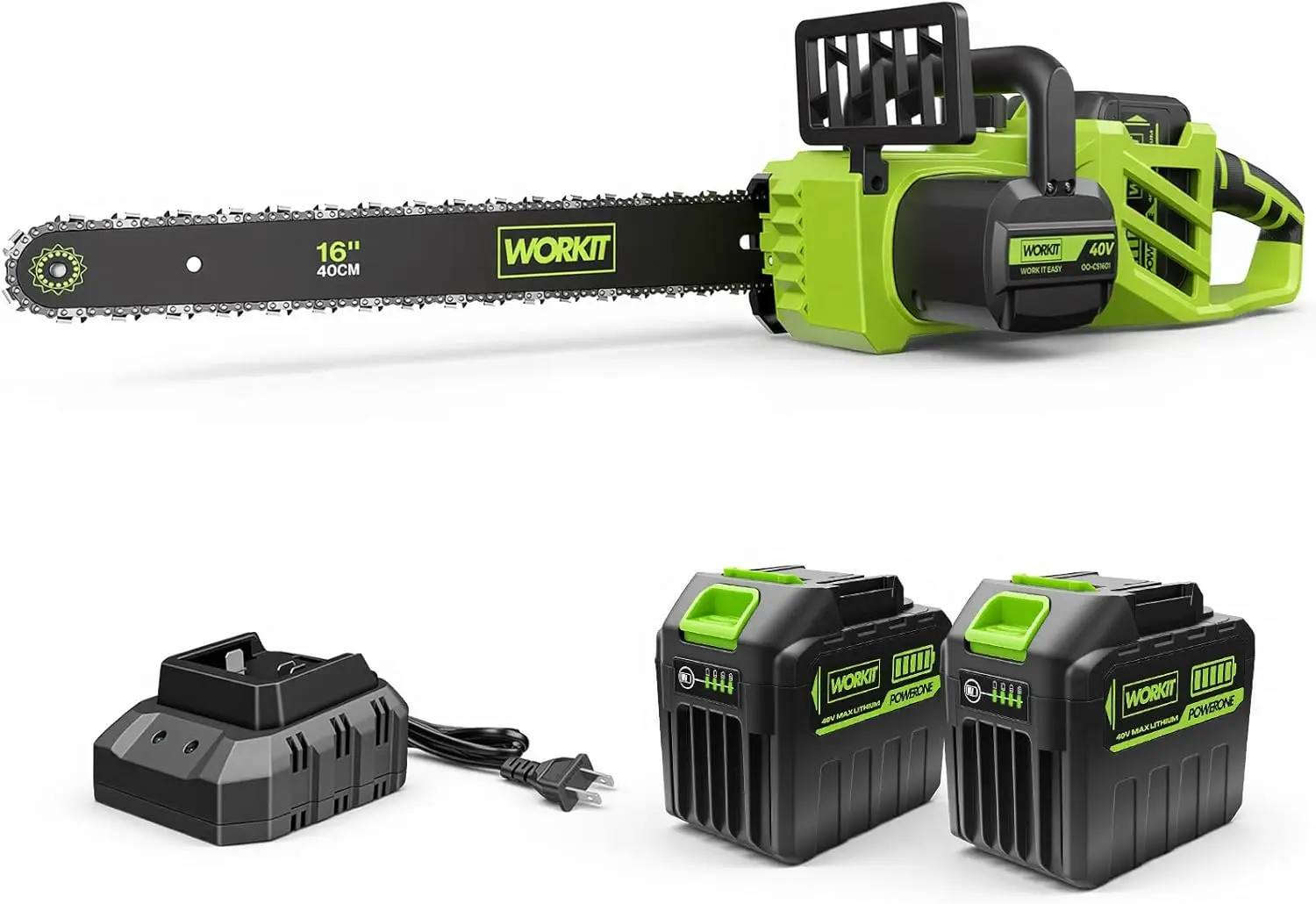 

16-дюймовая электрическая цепная пила, 40В, бесщеточная, беспроводная, с 2 аккумуляторами 4.0 Ач, натяжение цепи без инструментов, автоматическая смазка, аккумуляторная.