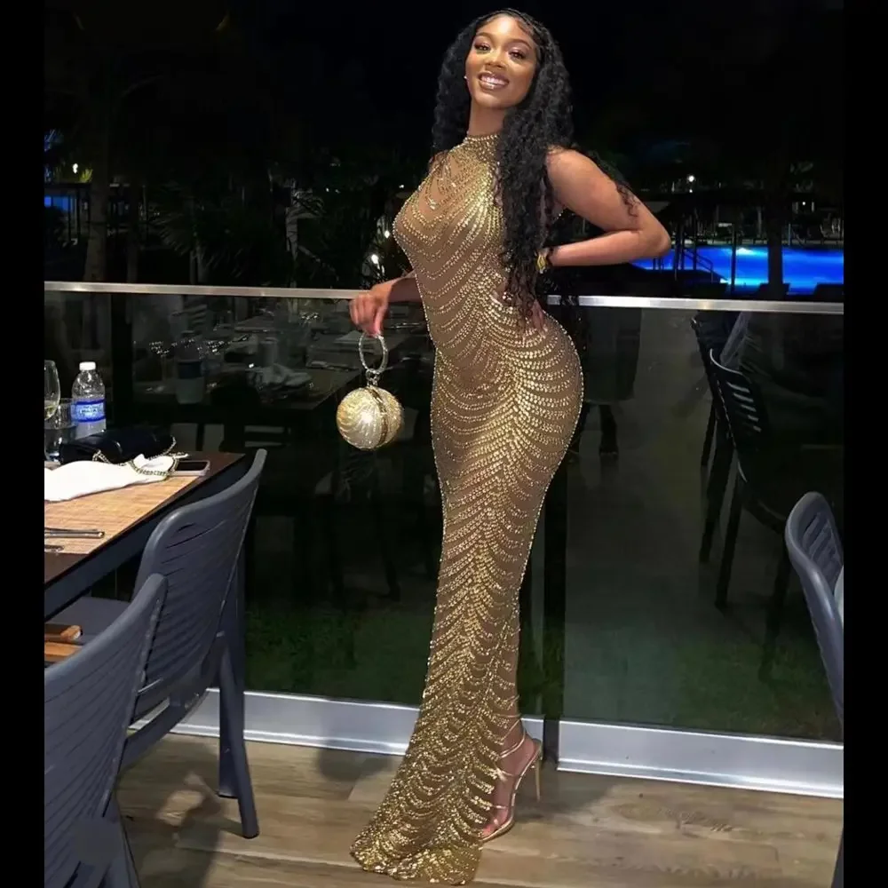 Vestido largo transparente de malla con diamantes de imitación dorados brillantes para mujer, vestido de celebración de boda, noche, graduación, cumpleaños, sesión de fotos