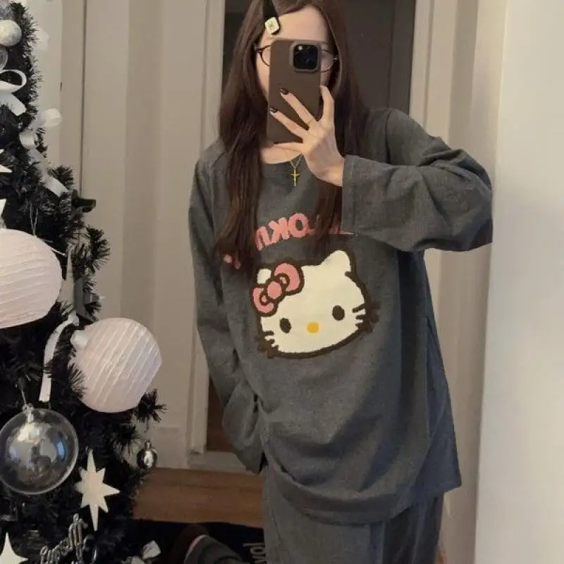 

Пижамы Sanrio из чистого хлопка, 2 шт., женские новые стильные брюки с длинными рукавами и милыми героями мультфильмов, домашняя одежда, хит продаж осени и зимы