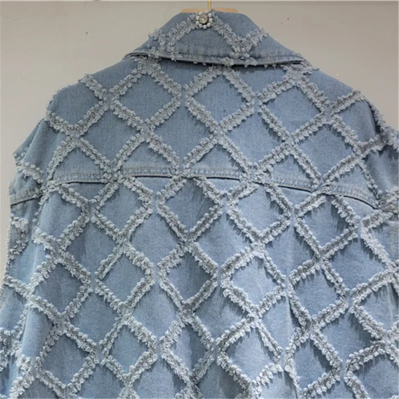 

Spring Summer Pearl Beaded Diamonds Blue Casual Short Denim Vest Women Loose Turndown Collar Sleeveless Jeans Jackets Streetwear