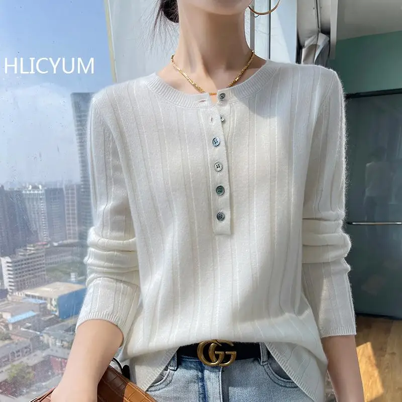 Women 5 Colors Sweater Half Open Collar Long Sleeve Casual 2024 Spring Female Jumper with Buttons 100%  Merino wool Tops