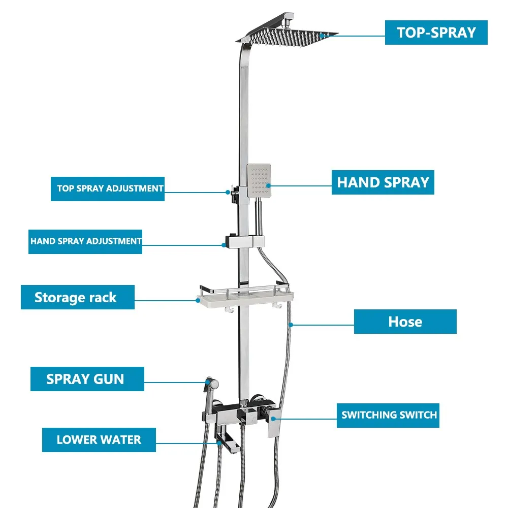 Torayvino Shower System Set Bathroom Showers Faucet 4 Function Height Adjust Mixer Crane Rotatable Spout Rainfall Shower Spray