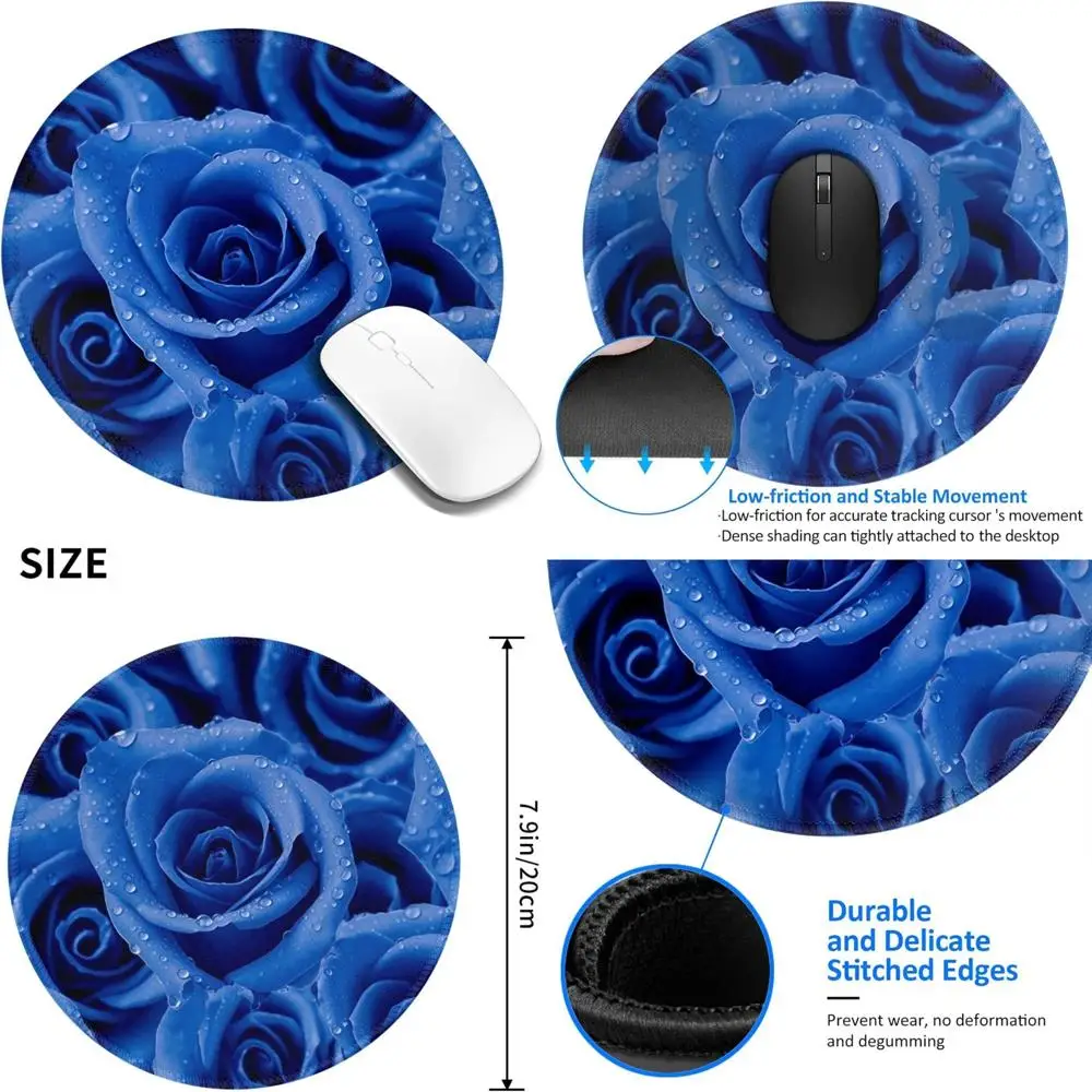

8-Inch Blue Rose Patterned Gaming Mouse Pad with Comfortable Stitched Edges, Non-Slip Rubber Base, and Waterproof Washable Surfa