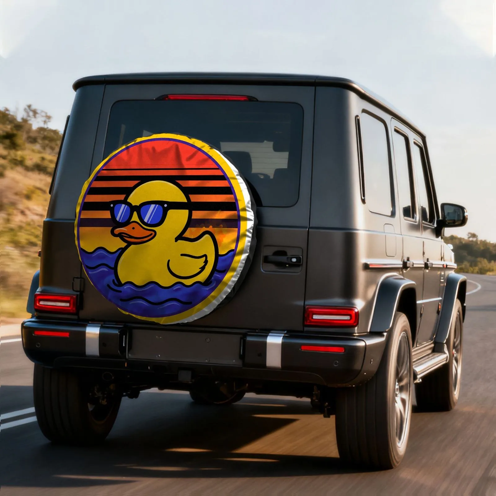 80s Sunset Yellow Border Rubber Duck Pattern Spare Tire Cover Universal for SUV Trailer Truck