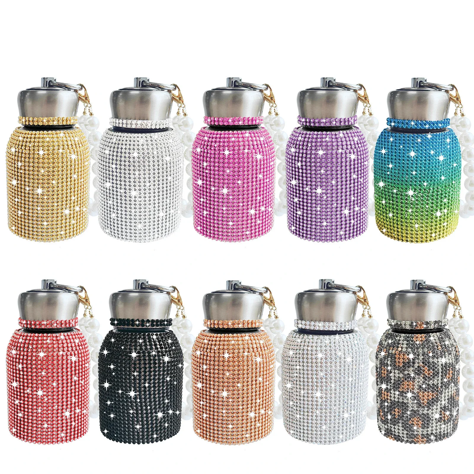 300ml Luxury Rhinestone Stainless Steel Insulating Cup Sparkling Portable Pearl Chain Water Bottle Portable Travel Vacuum Flasks