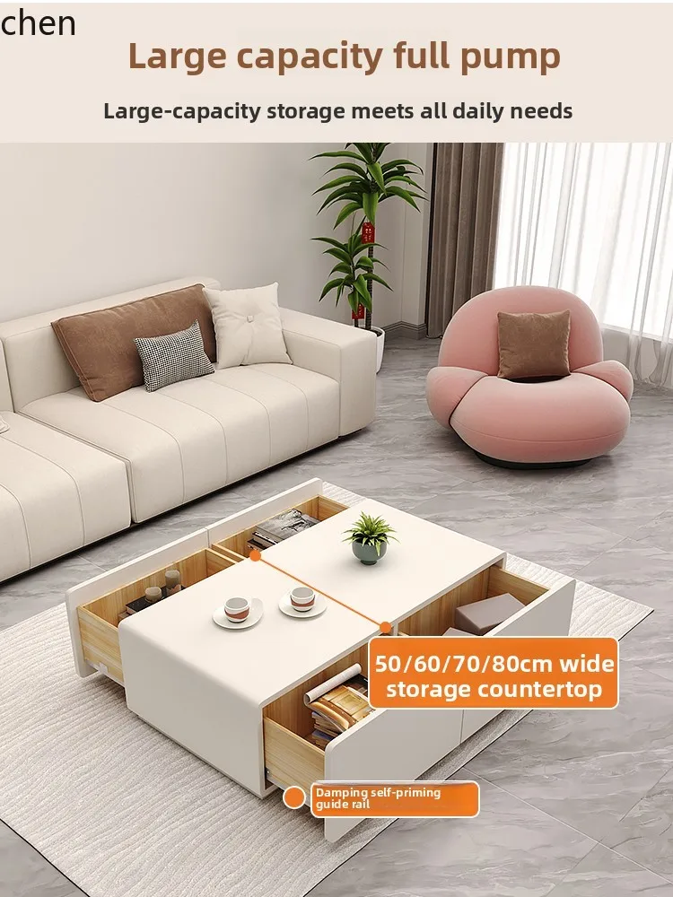 HT New Simple Modern Rectangular Coffee Table Solid Wood Lacquer Cream White Cream Style Living Room Cabinet