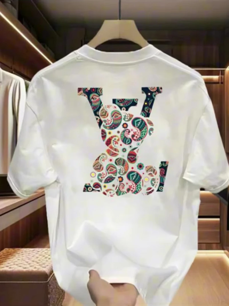 أحدث تي شيرت قطني بأكمام قصيرة مطبوع عليه زهرة الكاجو لعام 2025 تي شيرت صيفي غير رسمي