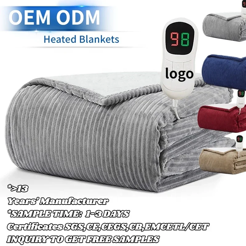 FREE SAMPLE Over Heat Protection Washable Ribbed Flannel sherpa winter Throw Heated Electric Blanket for winter