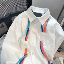 Women's Clothing Trendy Vintage Coloured Ribbon Design Shirt Simple Casual Oversized Blouse Chic White Pocket Long Sleeve Tops