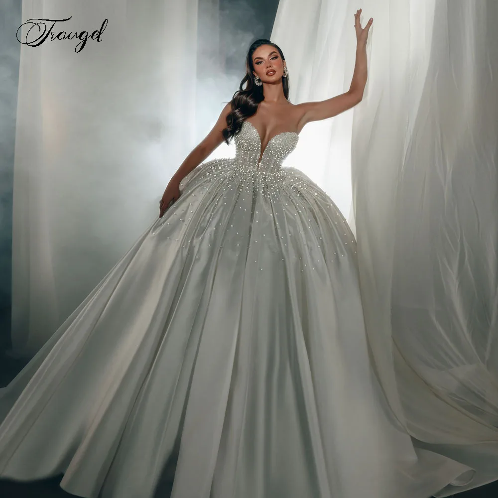 

Customized Strapless Princess Ball Gown Wedding Dresses Lace Beaded Vestido De Novia For Women Matte Satin Robe De Mariee