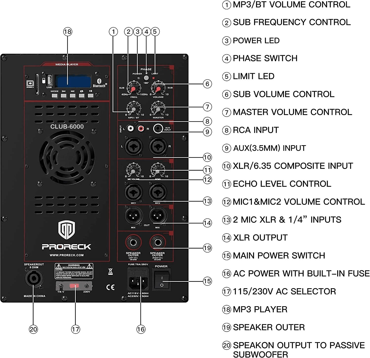PRORECK Club 6000 Juego combinado de sistema de altavoces PA estéreo P.M.P.O de 15 pulgadas y 6000 W, 4 altavoces line array, 2 subwoofers de 15 pulgadas con BT