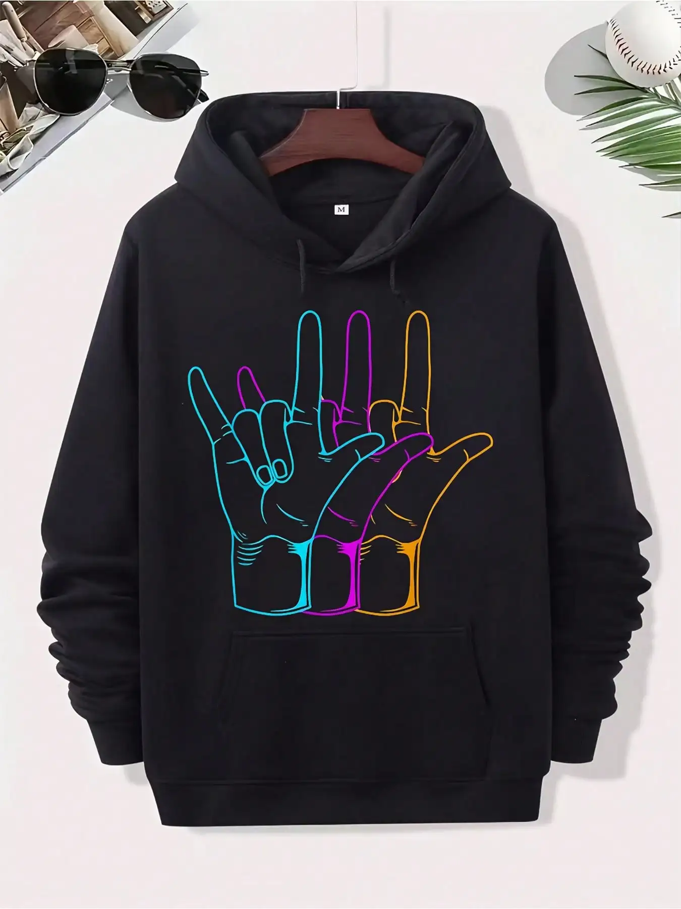 Unisex Hooded Long Sleeve Sweatshirt ASL I Love You Gesture Hoodie - Unisex Black Pullover With Kangaroo Pocket, ASL Sign Language Design, Blended