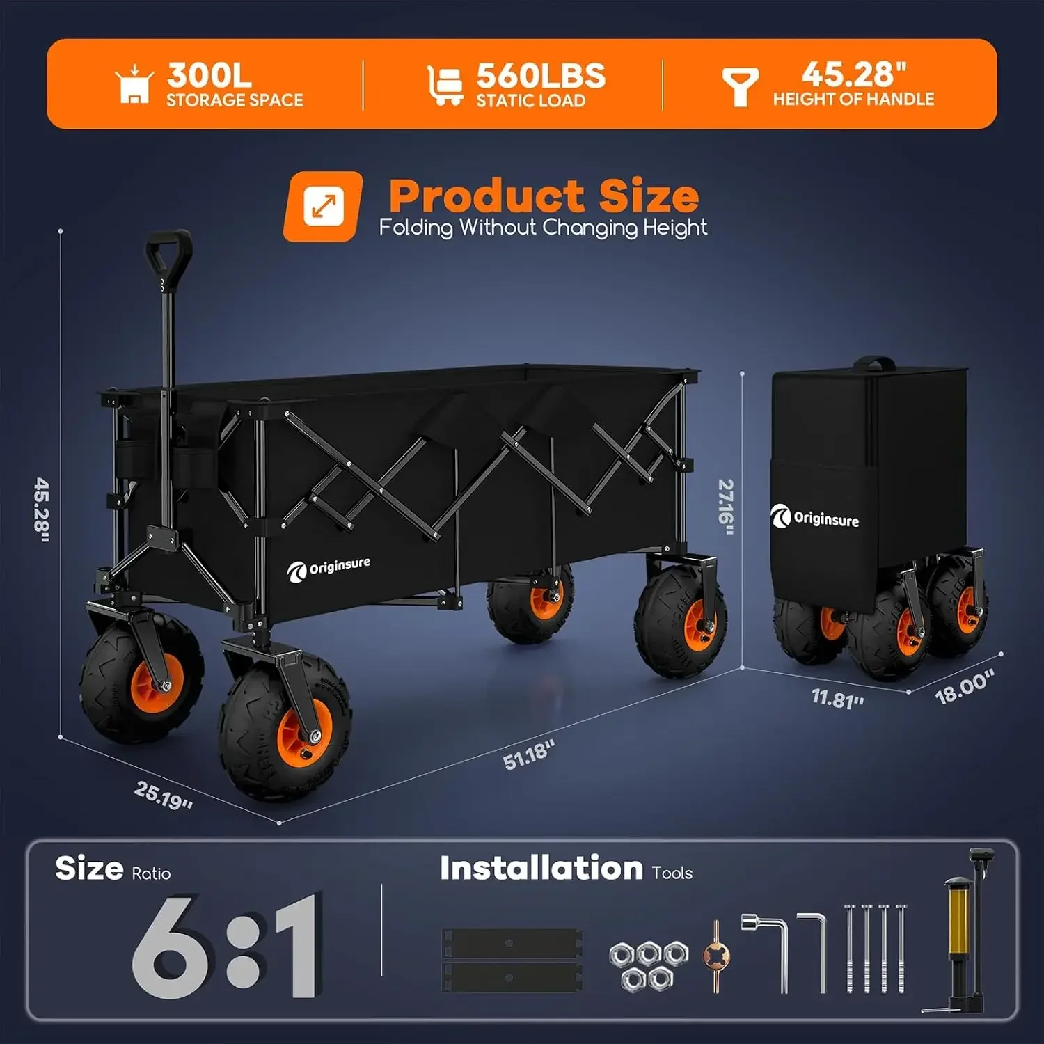 US Shipping 300L Collapsible Beach Wagon with Balloon Wheels, 560lbs, Black | 48