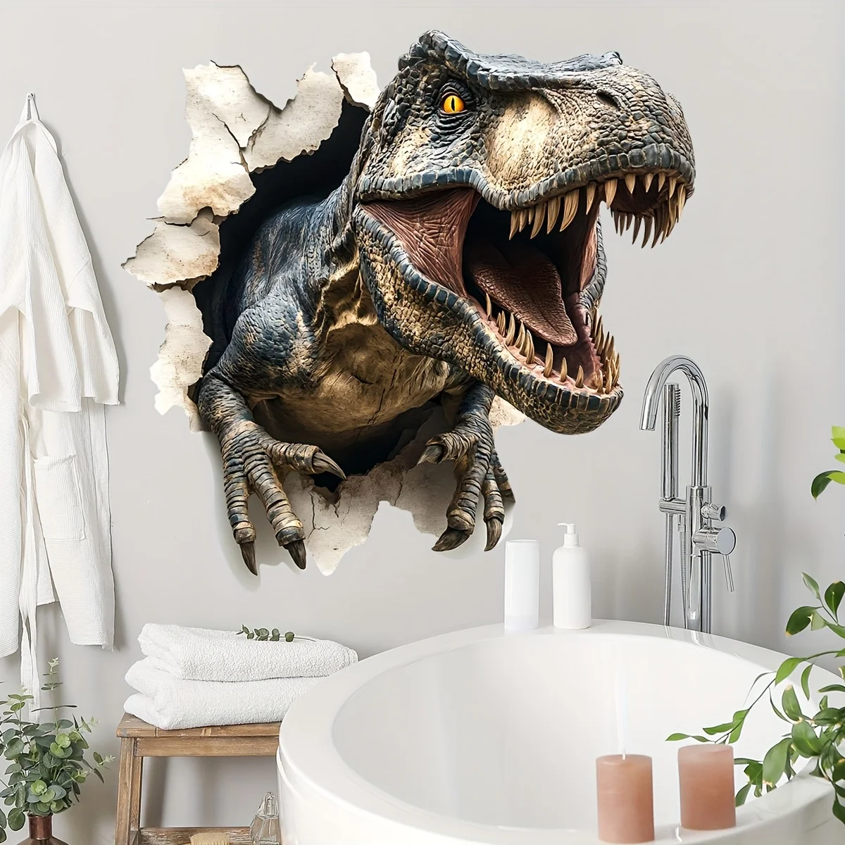 2Pcs Set 3D Broken‑Wall Dinosaur Wall Sticker Set Size 30x60cm Realistic Torn Wall Visual Effect