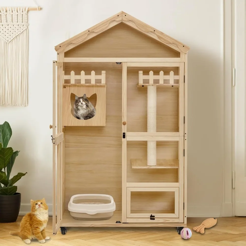 

Wooden Indoor Cat House, Cat Condo with Entrance, Kitten Cage Catio with Lockable Doors and Wheels