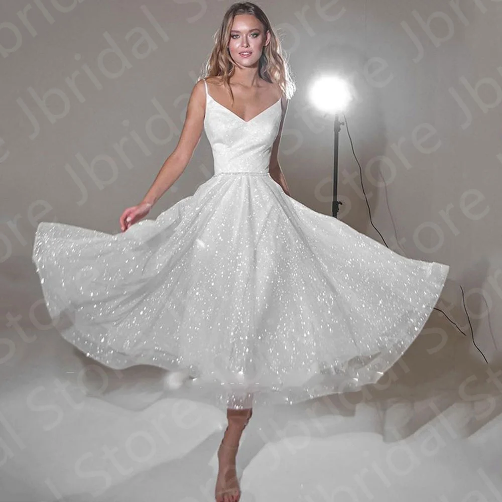 Sparkling Latest Wedding Dresses Mid Calf Length Bridal Gowns Sleeveless Bride  Short V Neckline with Straps On Sale