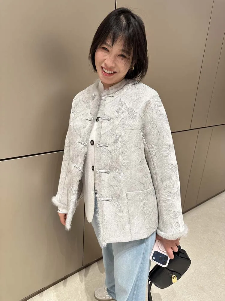 

Ele Vintage Collar Buttoned Mink Trimmed Cotton Jaet Women's New Chinese Sle Embroidered Ruffle Wave Pattern Coat