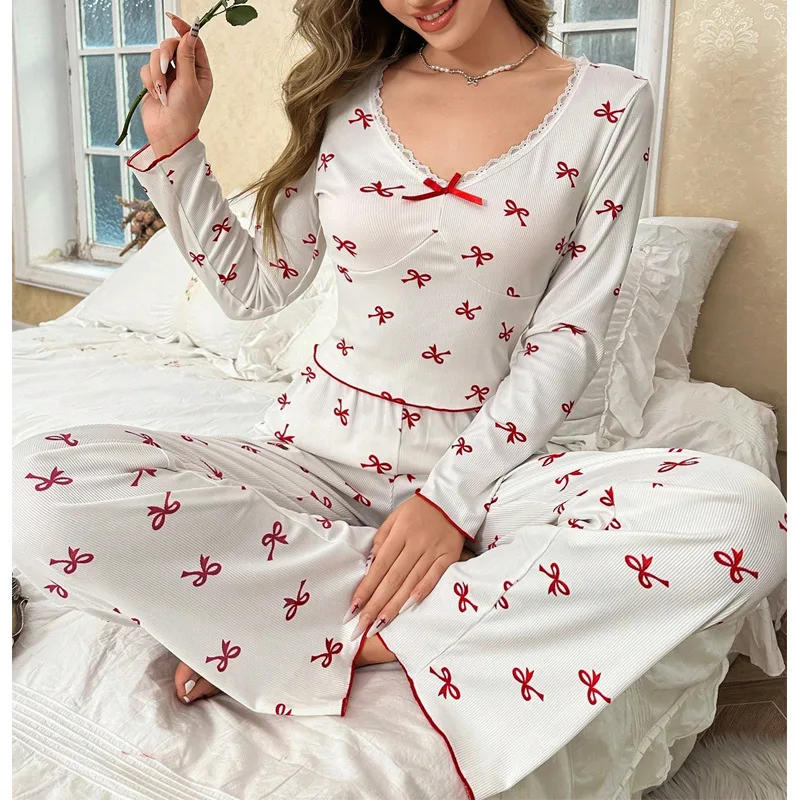 printed-heart-shaped-collar-long-sleeved-pajamas-for-women-can-be-worn-over-long-pants-two-piece-home-wear-set