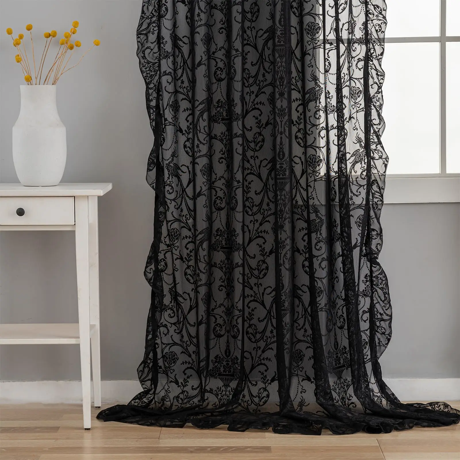 TUDECO Black Lace Curtains 63 Inch 2 Panels Victorian Sheer Floral Gothic Design Bedroom Whimsy Dark Academia Rod Pocket Privacy Window Treatments