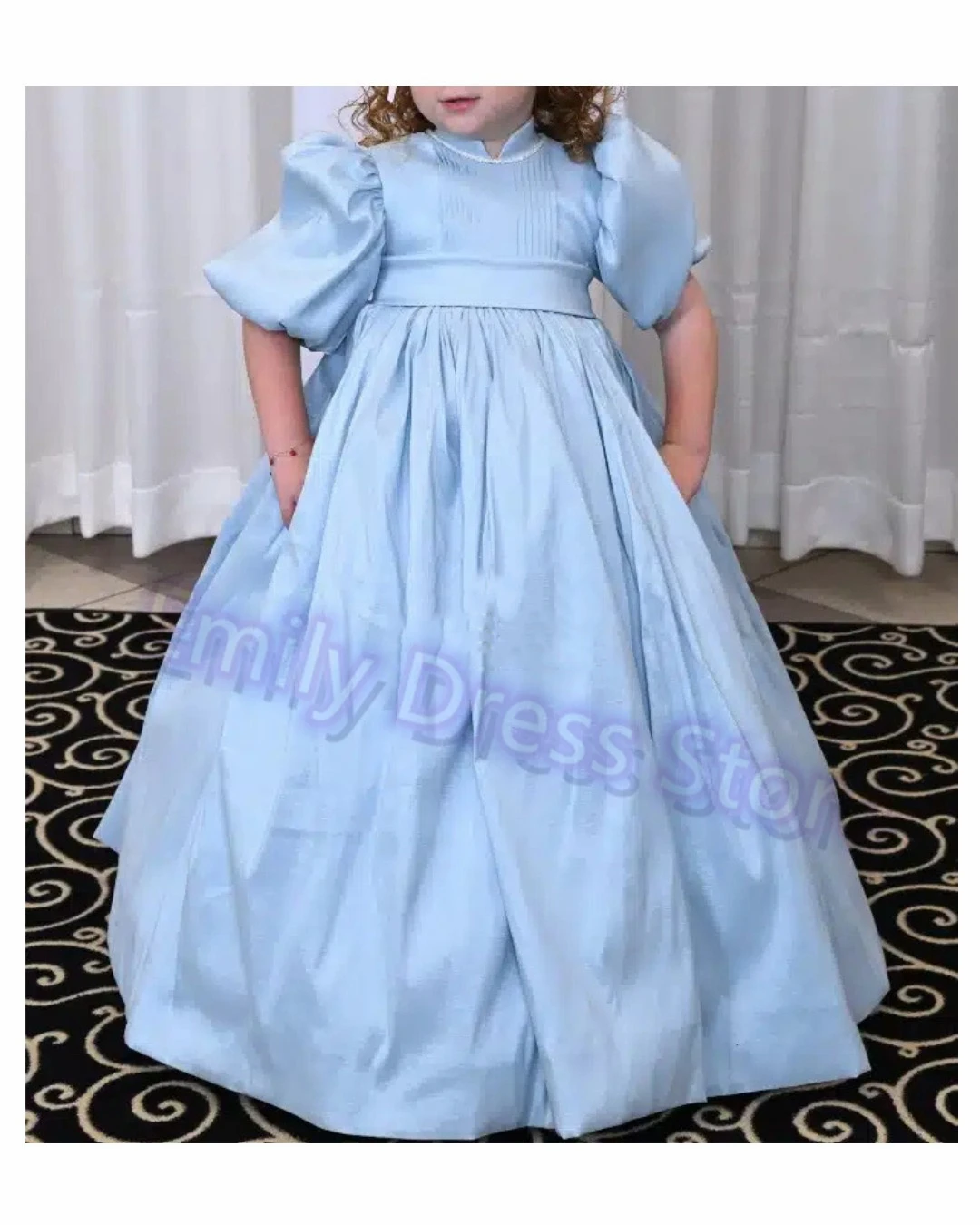 Customized Blue Flower Girl Dress For Wedding Pleated High Waist Half Sleeves Puffy Kids Birthday Party First Communion Gown