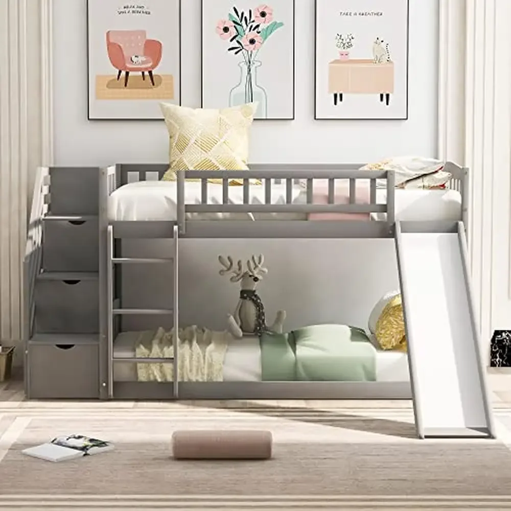 

Wooden Low Bunk Bed with Slide Storage Stairs Ladder Grey Twin Over Twin Kids Furniture Modern No Box Spindles