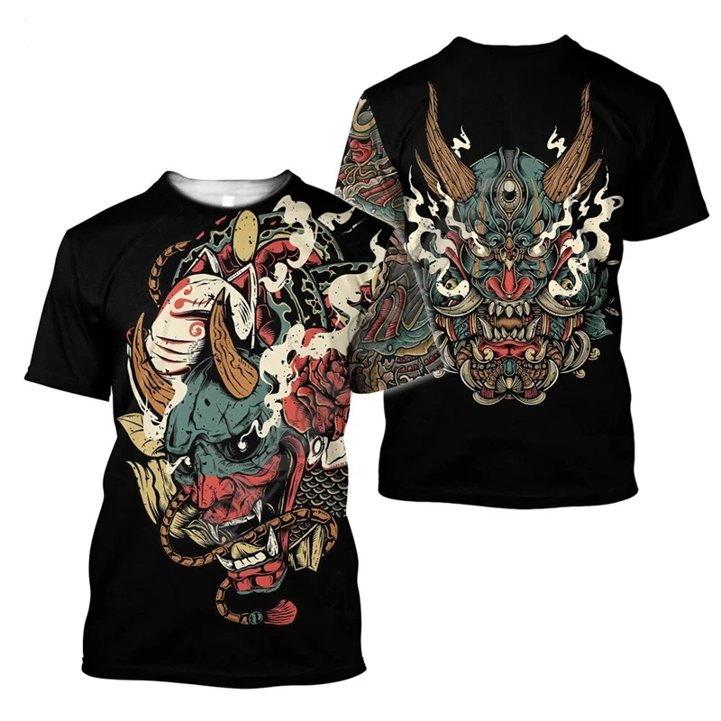 Samurai Mask 3d Printed Tee Shirts For Men Flower Tattoo Pattern T-shirt Round Neck Shorts Sleeves Harajuku Clothes Tees Top