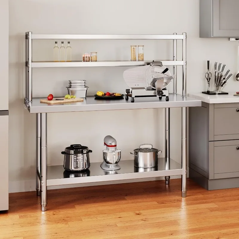 home.NSF ستانلس ستيل مع أرفف كبيرة، 48 بوصة × 24 بوصة تعمل مع رف 48 بوصة × 12 بوصة، إعداد معدني لـ