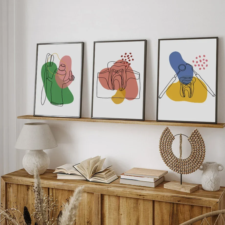 

Colorful Teeth Oral Health Abstract Line Posters Modern Wall Art Prints Canvas Painting Pictures For Clinic Dental Office Decor