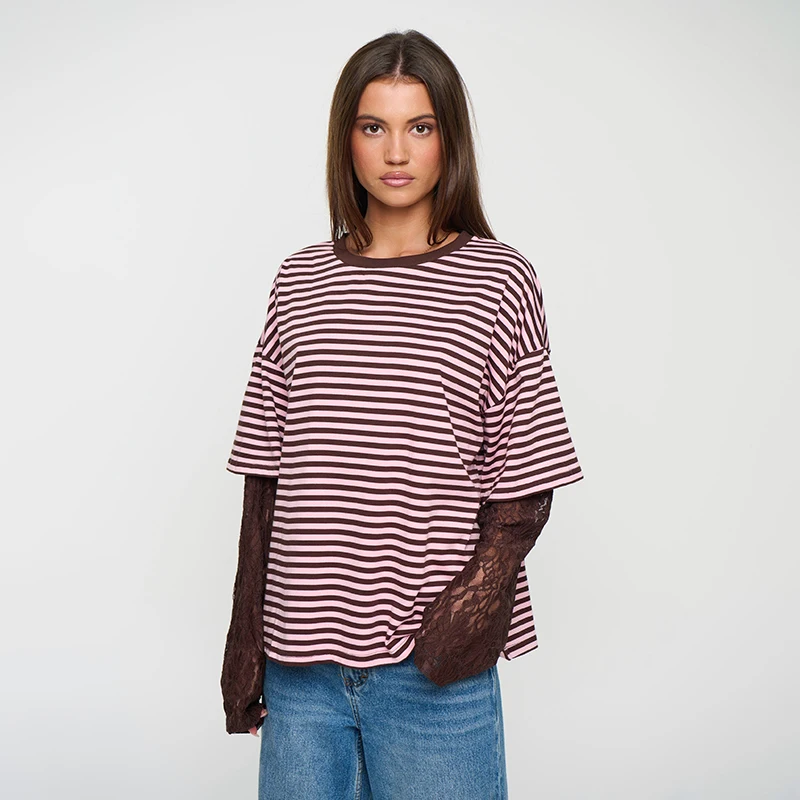 Women's T-Shirt Top with Color Blocking Stripes, Ruffled Sleeves, Loose Fit, Slimming Design
