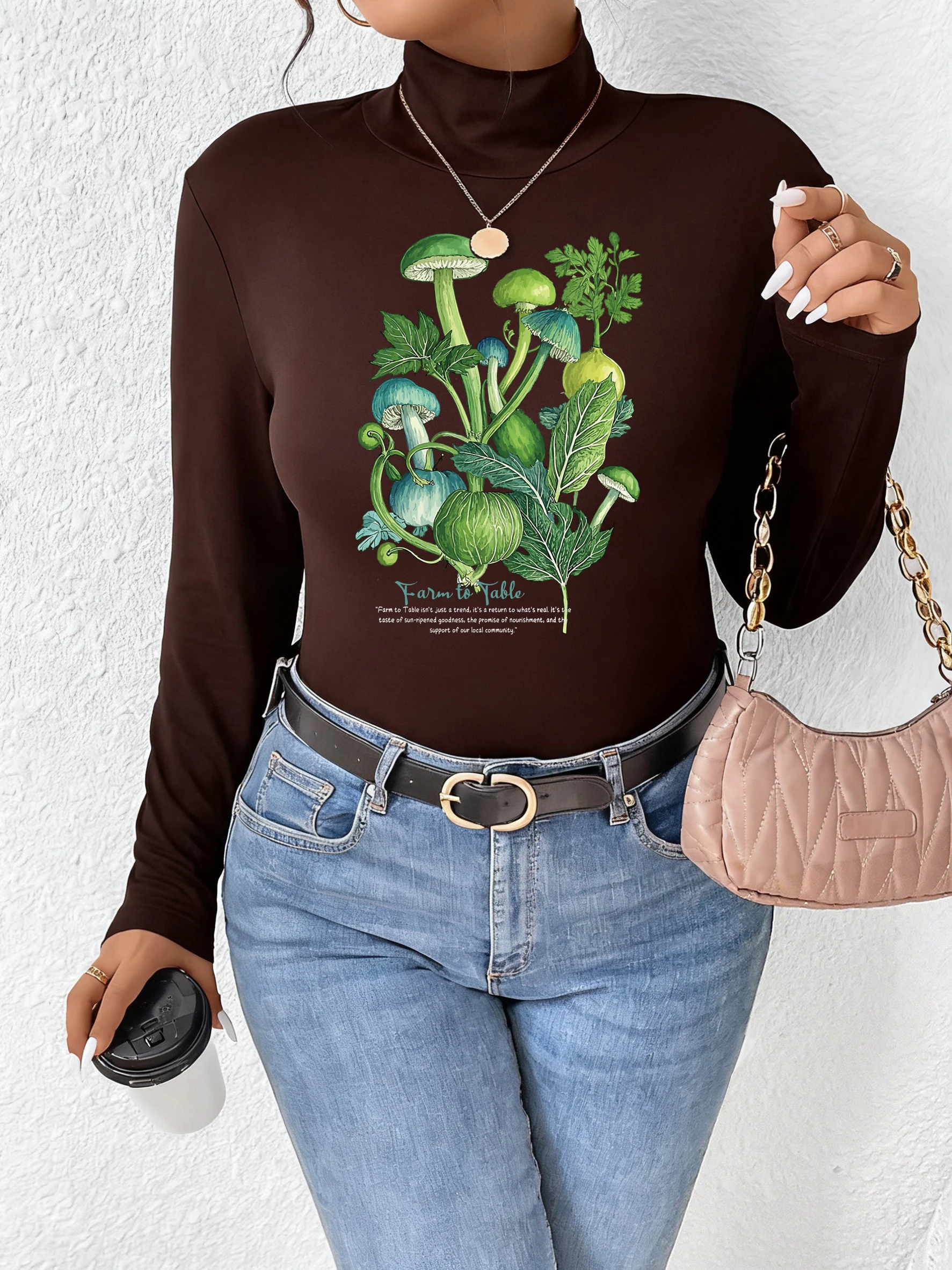 مزرعة الطاولة الخضار الطباعة تي شيرت امرأة نصف عالية الرقبة فضفاضة الأساسية قميص الخريف الصوف ملابس رياضية مرونة طويلة الأكمام #2